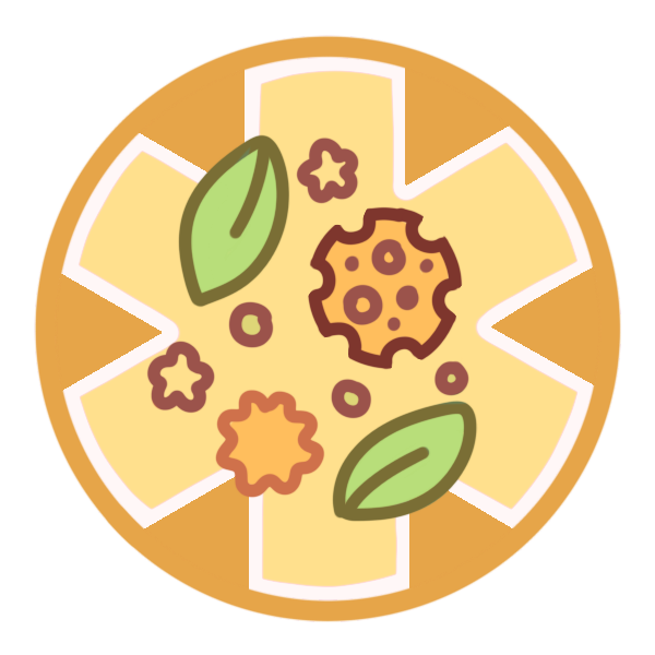 a red circle with a large medical alert asterisk inside it, and various types of yellow and green pollen pictured in the centre.